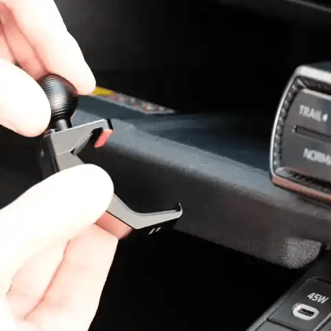 Animation of Offroam Phone Mount installation for Toyota RAV4 2026. This premium phone mount installs easily without drilling or glue. Spring loaded Universal holder for use with any phone. Perfect placement without blocking screens, driver view, or air flow. Fully adjustable positioning.