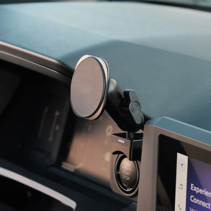 Image of Offroam MagSafe-compatible Phone Mount installed securely in Toyota Tacoma 2024-2026 | 4Runner 2025-2026. This premium phone mount installs easily without drilling or glue. High force magnets hold phone on any trail, road, or track. Perfect placement without blocking screens, driver view, or air flow. Fully adjustable positioning.