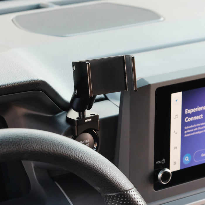 Image of Offroam Phone Mount installed securely in Toyota Tacoma 2024-2026 | 4Runner 2025-2026. This premium phone mount installs easily without drilling or glue. Spring loaded Universal holder for use with any phone. Perfect placement without blocking screens, driver view, or air flow. Fully adjustable positioning.