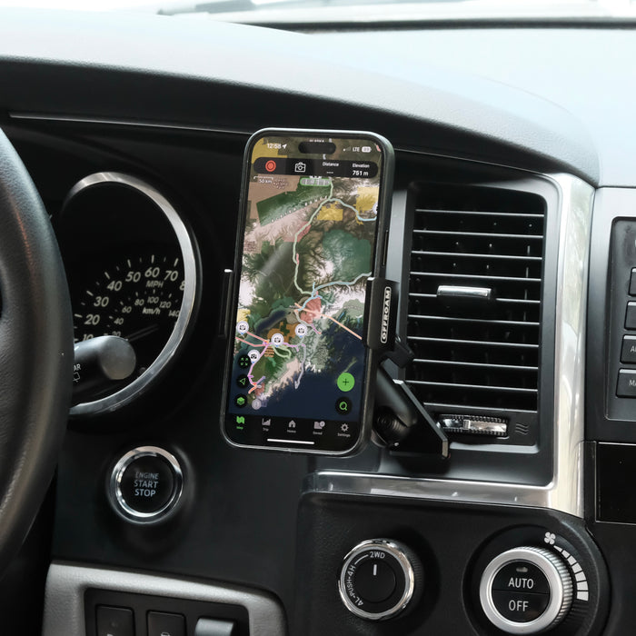 Image of Offroam Phone Mount installed securely in Toyota Tundra 2007-2013 | Sequoia 2008-2022. This premium phone mount installs easily without drilling or glue. Spring loaded Universal holder for use with any phone. Perfect placement without blocking screens, driver view, or air flow. Fully adjustable positioning.