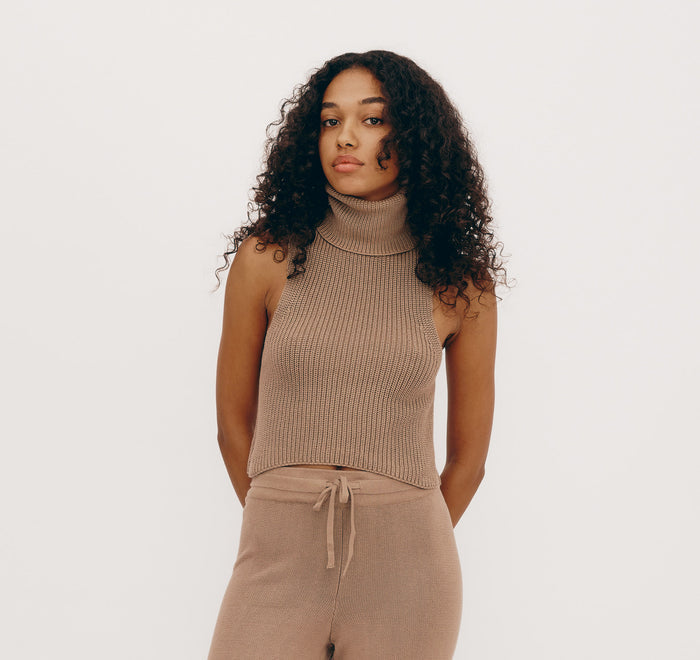 Organic Basics Women's True Knit Sleeveless Turtleneck in Almond (organic cotton)