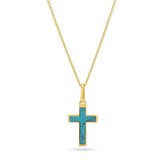 14K solid gold and genuine Turquoise Inlay Cross Charm