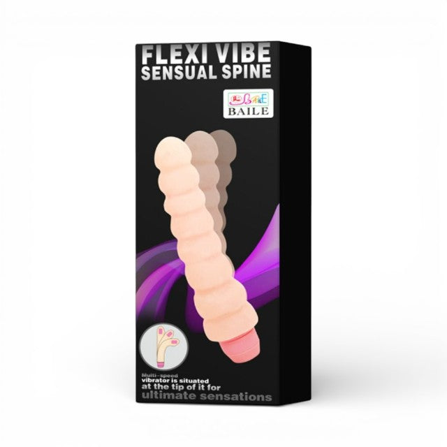 Vibrator BAILE Flexi Vibe Spine, cu design curbat și texturat, vibrații multiple, din TPE, culoarea pielii, 19 cm