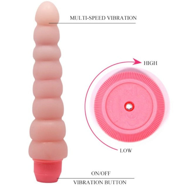 Vibrator BAILE Flexi Vibe Spine, cu design curbat și texturat, vibrații multiple, din TPE, culoarea pielii, 19 cm
