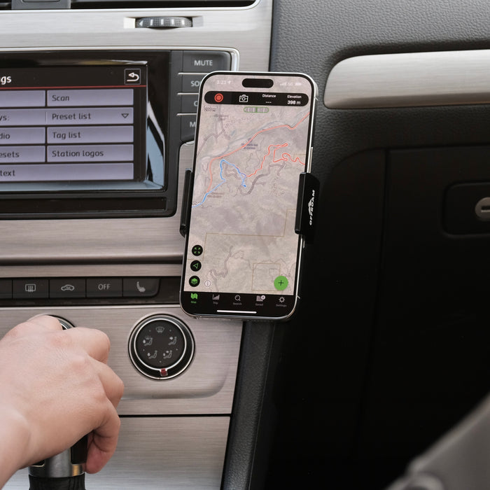 Image of Offroam Phone Mount installed securely in Volkswagen Golf 2015-2021. This premium phone mount installs easily without drilling or glue. Spring loaded Universal holder for use with any phone. Perfect placement without blocking screens, driver view, or air flow. Fully adjustable positioning.