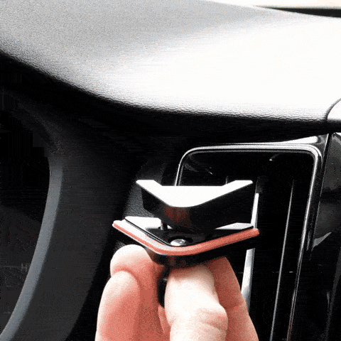 Animation showing installation steps for Offroam universal phone mont on  Volvo XC60 2018-2026. Does not block air flow and holds securely without glue or drilling. Secure mechanical holder for one-hand use and off-roading.