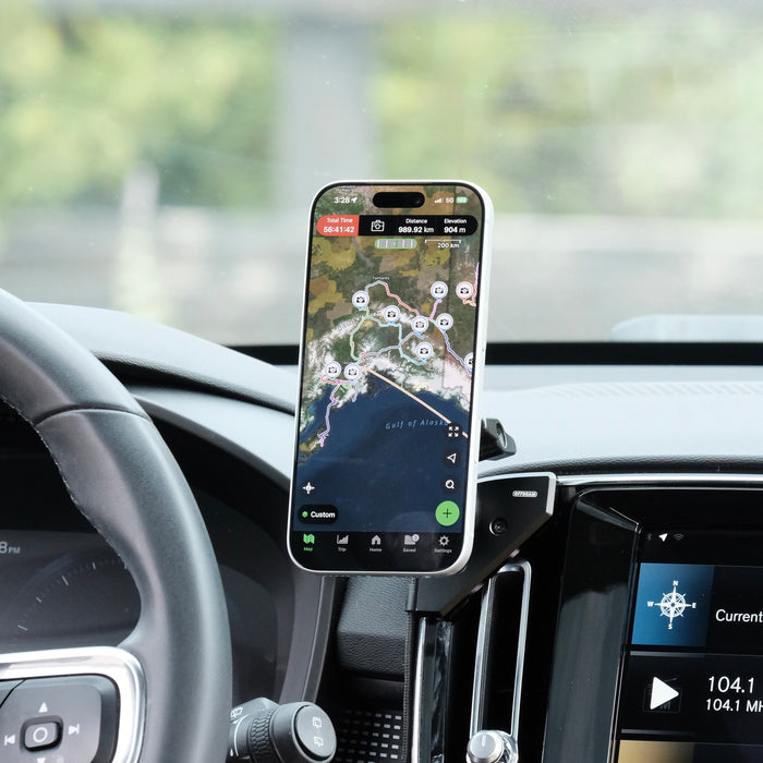 Image of Offroam MagSafe-compatible Phone Mount installed securely in Volvo XC40 2018-2026. This premium phone mount installs easily without drilling or glue. High force magnets hold phone on any trail, road, or track. Perfect placement without blocking screens, driver view, or air flow. Fully adjustable positioning.