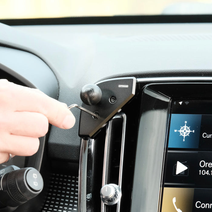 Image of Offroam Mounting Base installation for Volvo XC40 2018-2026. This premium all metal phone mounting base installs easily without drilling or glue. Perfect placement without blocking screens, driver view, or air flow.