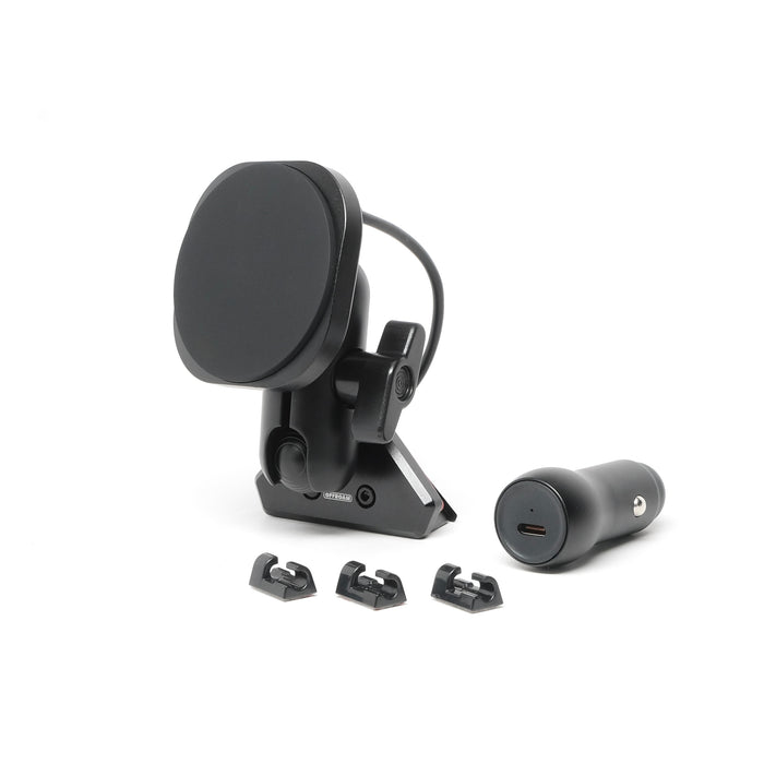 Offroam phone mount for Volvo XC60 2018-2026 models with Qi2 charging holder. Shown on white background with 12V power adapter, cable management clips and USB-C cable.
